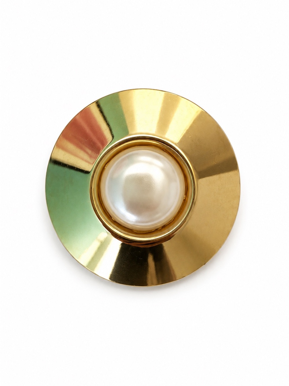 Gold Tone Faux Pearl Statement Brooch Pin Round Modern Vintage Style